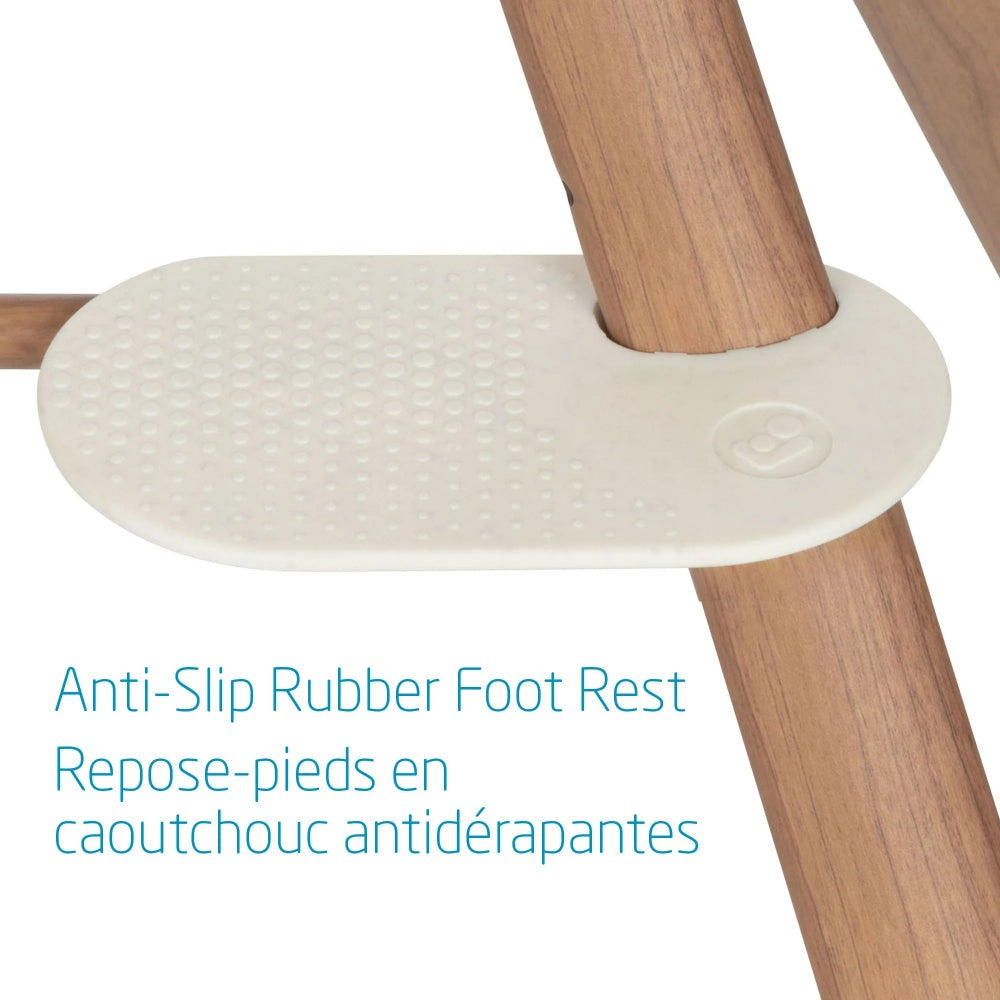 Maxi-Cosi Moa 8-in-1 high chair with cream anti-slip rubber foot rest and wooden legs