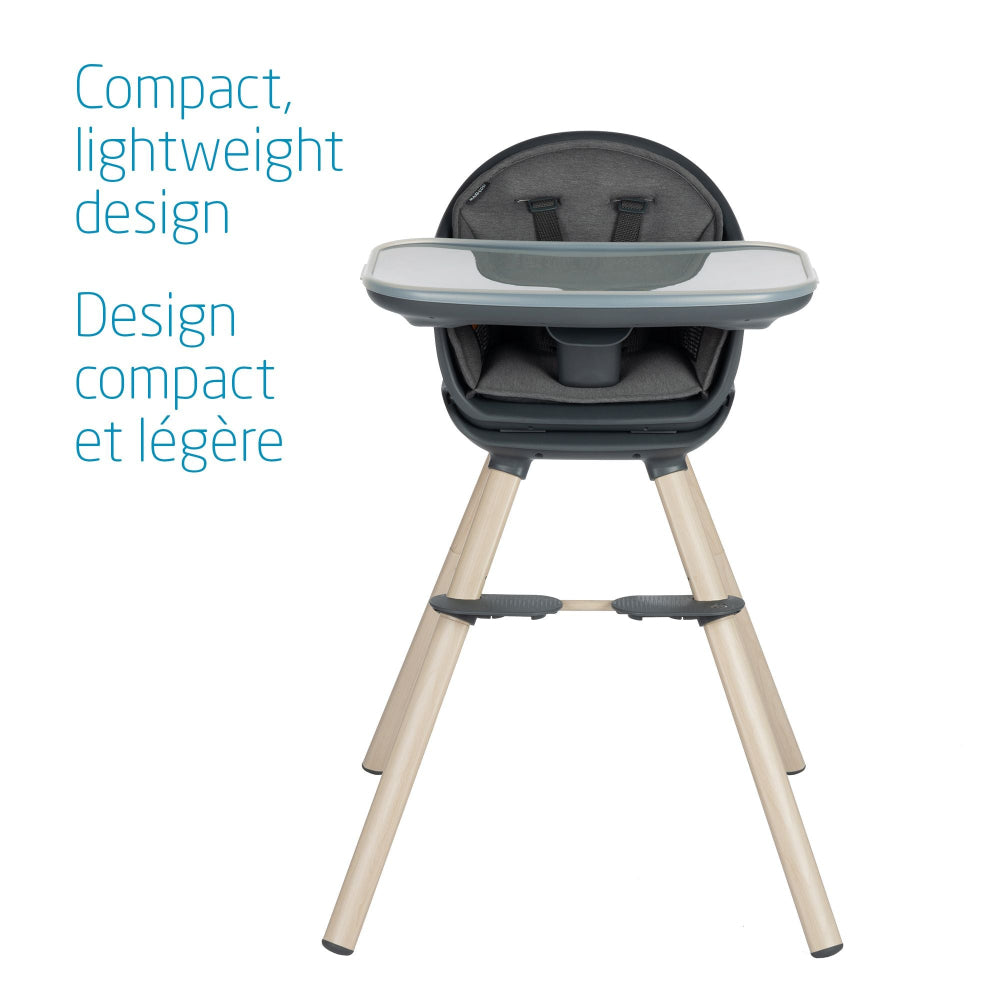 Maxi Cosi Moa 8-in-1 high chair with light wood legs and gray detachable tray