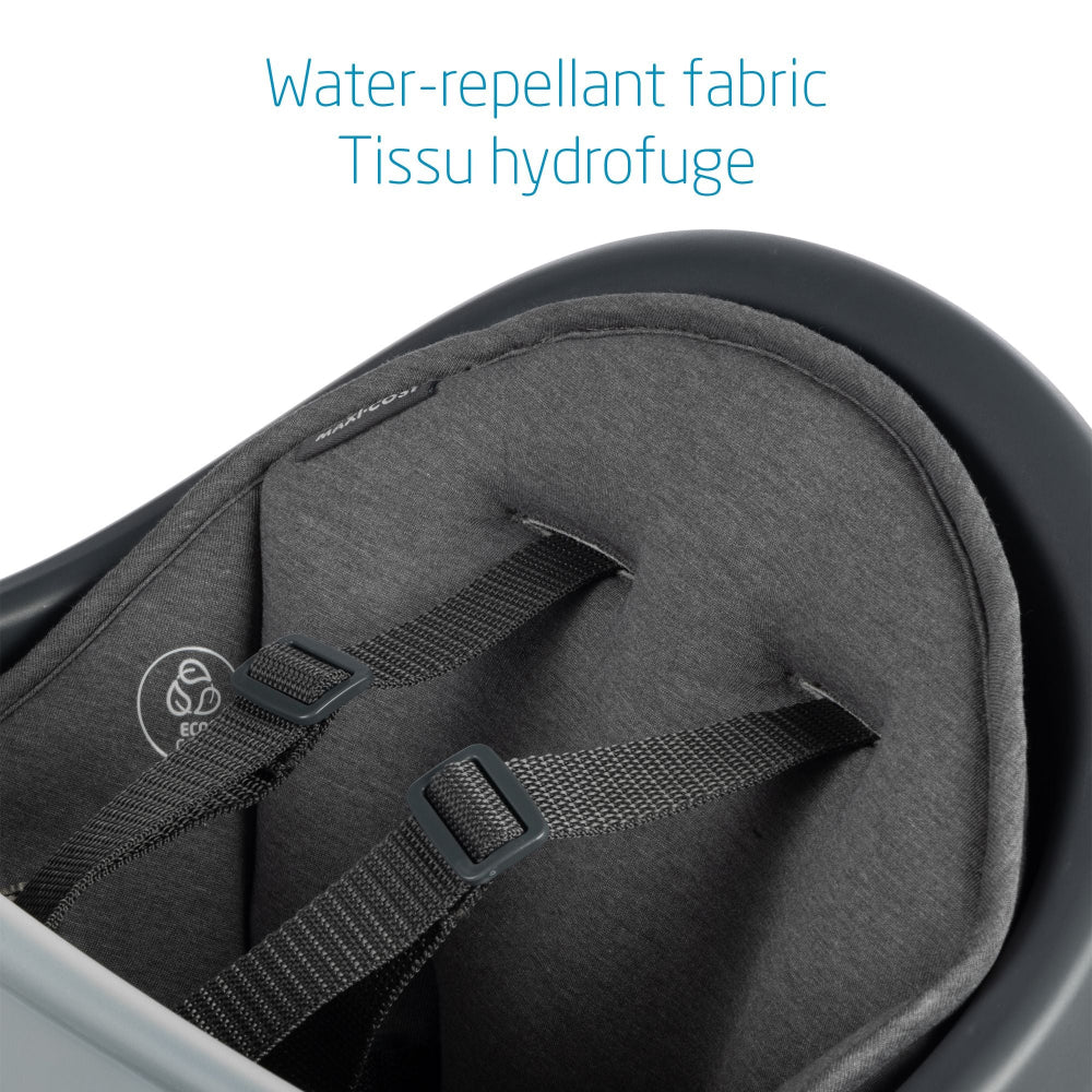 Maxi-Cosi Moa 8-in-1 high chair with dark grey water-repellent fabric and adjustable black straps