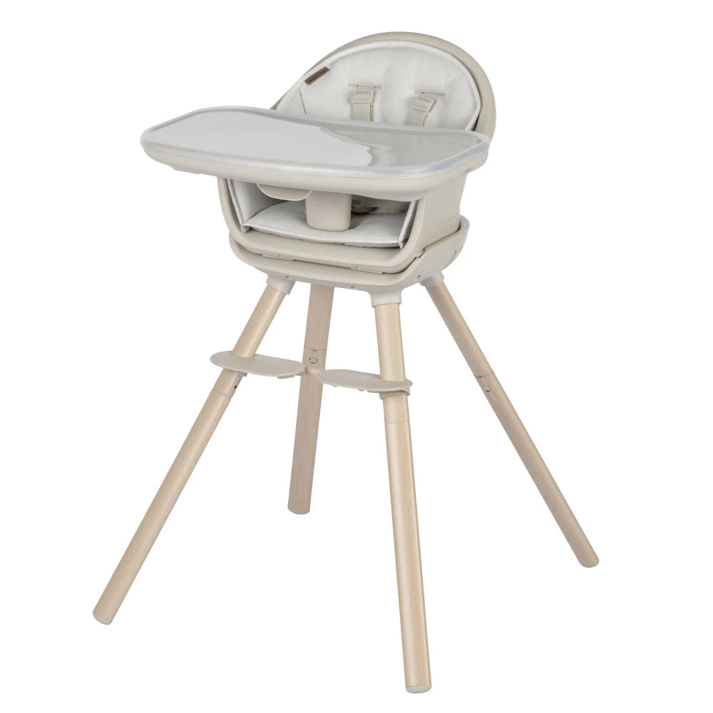 Maxi-Cosi Moa 8-in-1 high chair with tray, beige seat and light wood legs