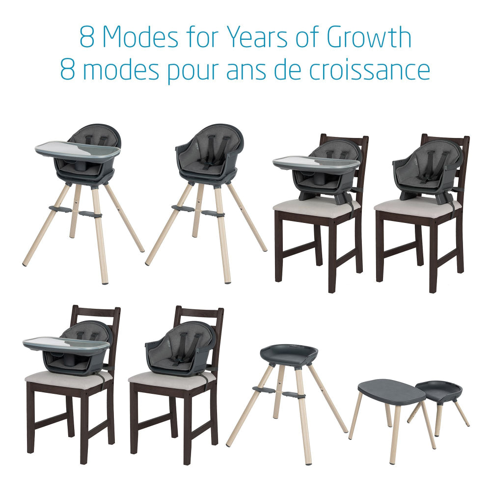 Maxi-Cosi Moa 8-in-1 high chair set in gray with natural wood legs; includes trays, booster stools, and chair boosters (8 modes)