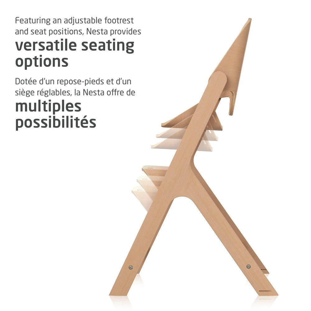 MAXI COSI Nesta 3-In-1 High Chair in light wood, showing adjustable footrest and multiple seat positions.