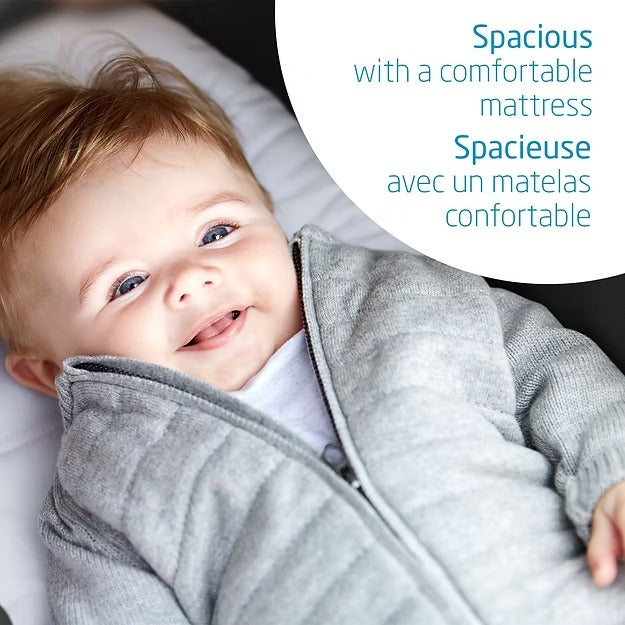 Maxi Cosi Oria Carry Cot in grey fabric with a comfortable mattress for baby.