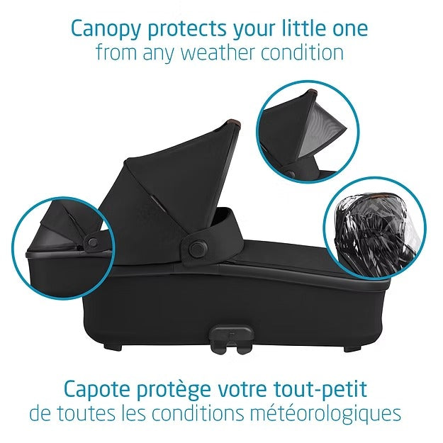 Maxi-Cosi Oria carry cot in black with canopy and rain cover for all-weather protection