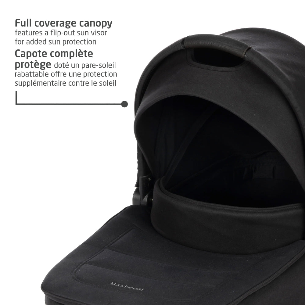 Maxi-Cosi Oria2 carrycot in Twillic black with full-coverage canopy