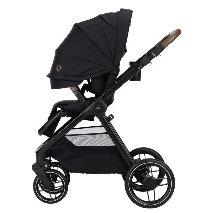Maxi-Cosi Oxford stroller in black with brown leather handlebar and large storage basket