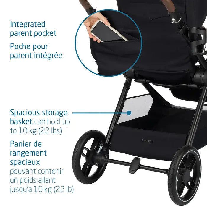 MAXI COSI Oxford stroller with integrated parent pocket and spacious storage basket holds up to 10 kg.