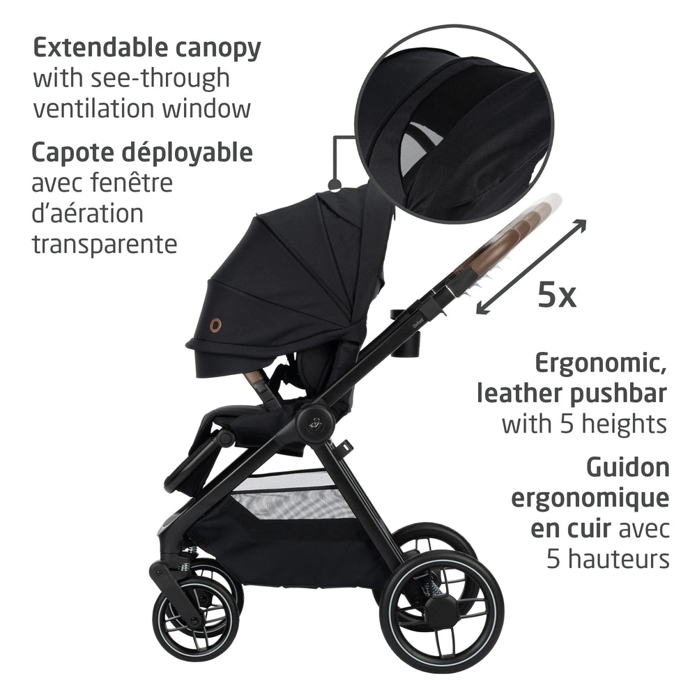 Maxi-Cosi Oxford Stroller travel system in black with extendable canopy and 5-height leather pushbar.