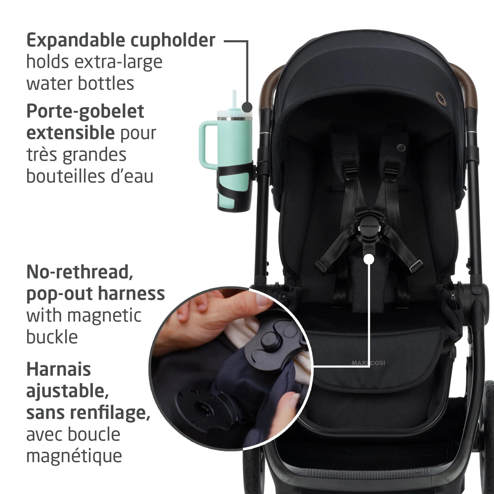 MAXI COSI Oxford Stroller & Mico Luxe+ Travel System showing expandable cupholder and magnetic buckle harness in black.