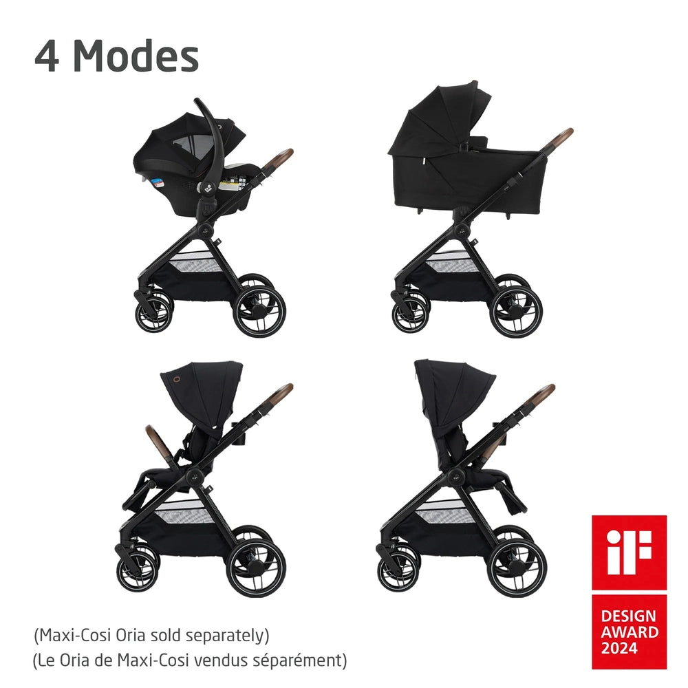 MAXI COSI Oxford Stroller & Mico Luxe+ Travel System in black, showing bassinet, seat, and convertible modes.