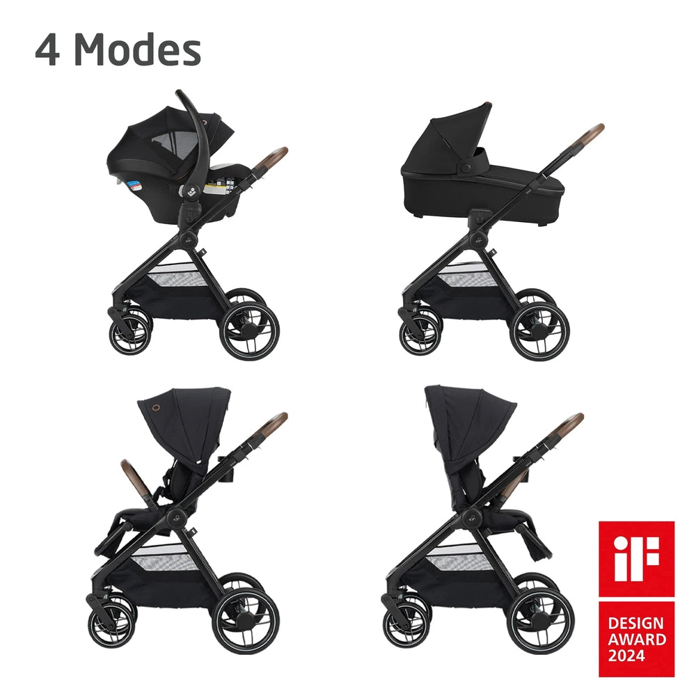 MAXI COSI Oxford Travel System + Oria Bassinet in black, four views show bassinet, seat, and award logo.