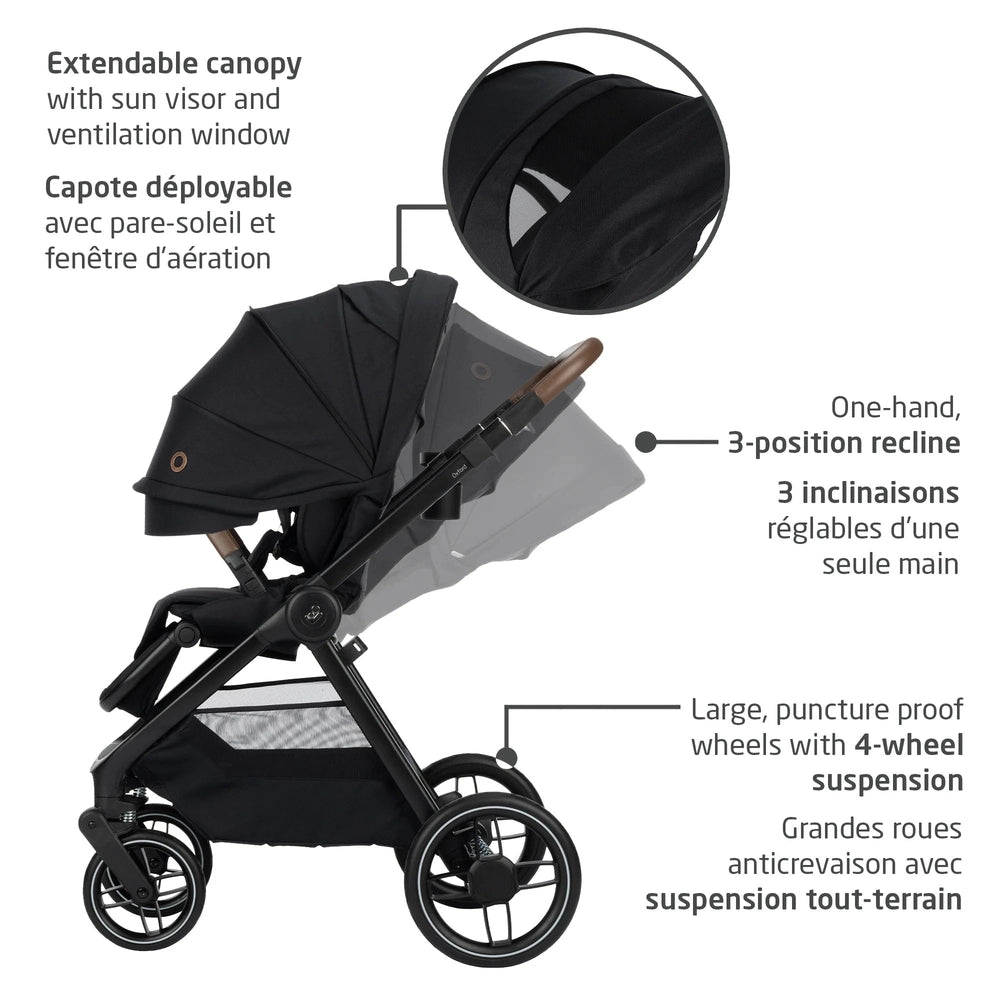 MAXI COSI Oxford Travel System + Oria Bassinet in black, showing one-hand 3-position recline and 4-wheel suspension