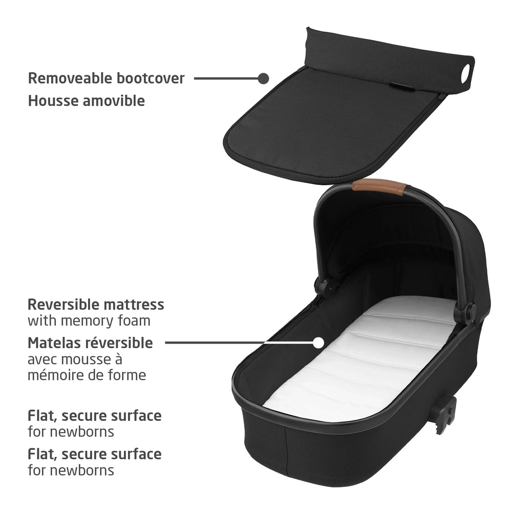 MAXI COSI Oxford Travel System + Oria Bassinet: black bassinet with removable bootcover and memory-foam mattress for newborns.