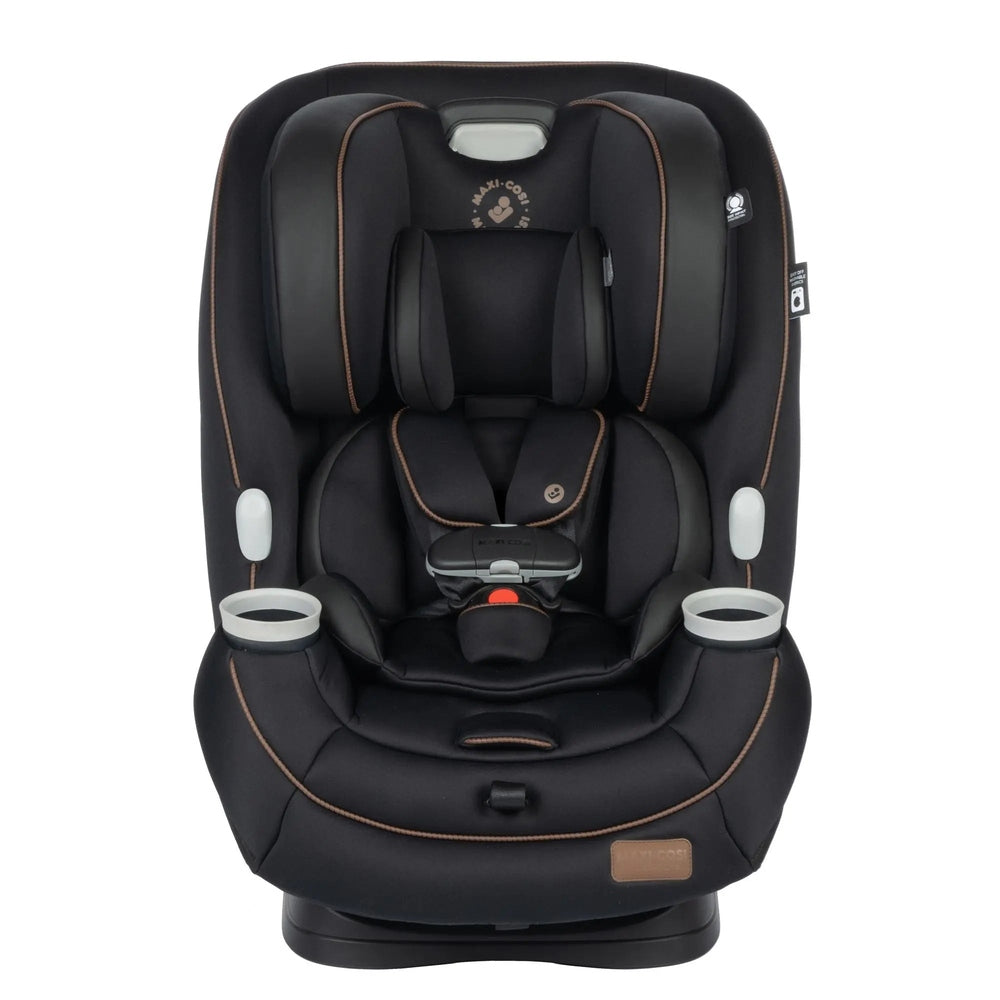 Maxi-Cosi Pria All-In-One Convertible Car Seat in black with brown stitching, dual cup holders and secured harness.