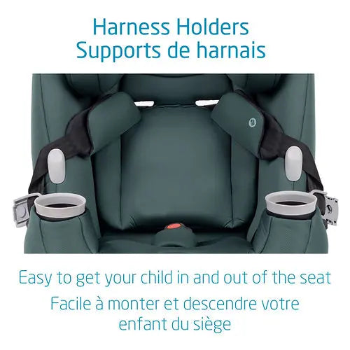 MAXI COSI Pria All In One Convertible Car Seat in green with harness holders and dual cup holders, shown for easy in-and-out.