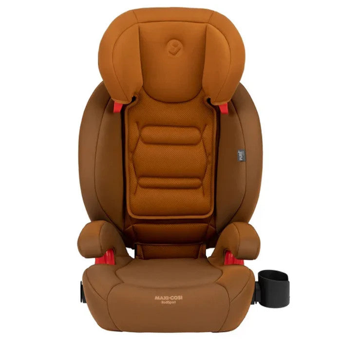 Maxi-Cosi Rodisport booster car seat in brown fabric with padded headrest and right-side cup holder.