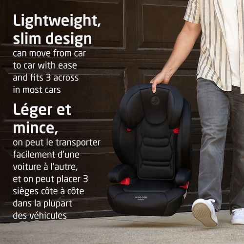 MAXI COSI Rodisport booster car seat being carried by a person, lightweight black with red accents.