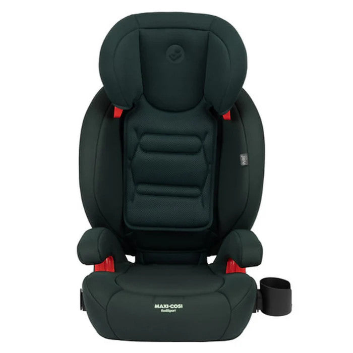 Maxi-Cosi Rodisport booster car seat in dark green with red accents and a right-side cup holder.