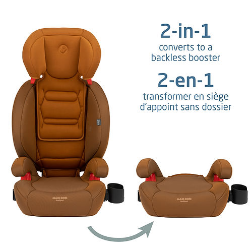 MAXI COSI Rodisport booster car seat in brown, shown in high-back and backless configurations being converted.