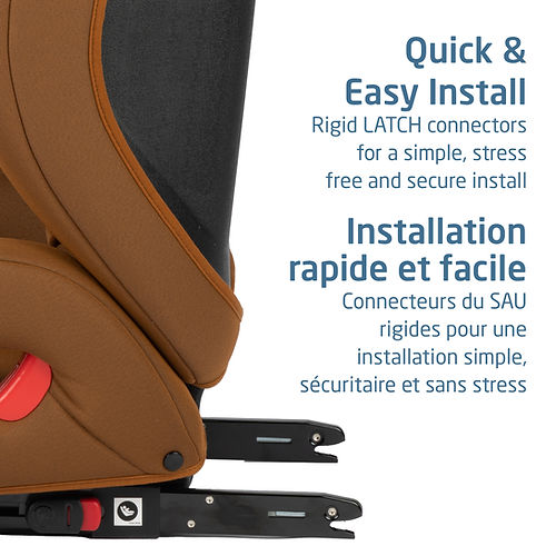 MAXI COSI Rodisport booster car seat, brown padding and black rails, showing quick-install rails.