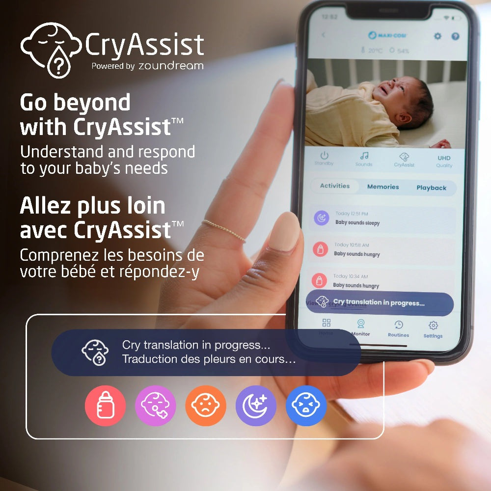 Maxi Cosi See Pro 360° baby monitor with CryAssist app on smartphone