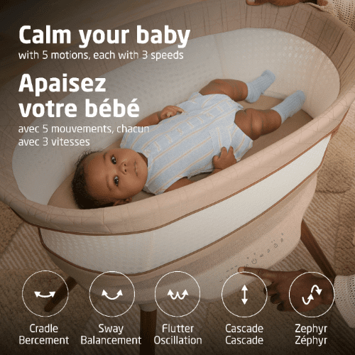Maxi-Cosi Starling Smart Bassinet in beige with a baby in blue; cradle, sway, flutter mode icons.