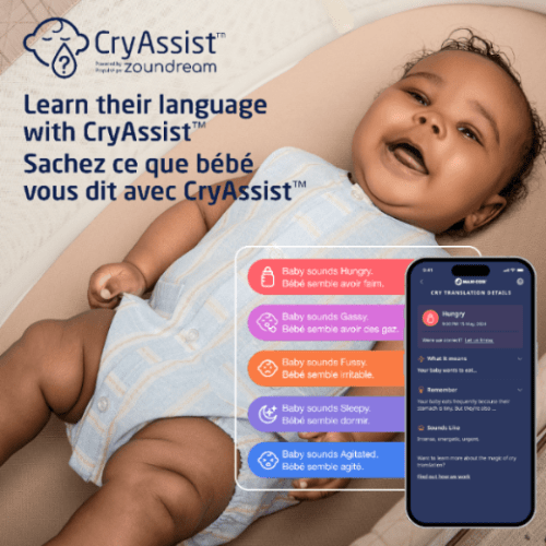 MAXI COSI Starling Smart Bassinet featuring CryAssist app promo; baby lying in a light blue bassinet.