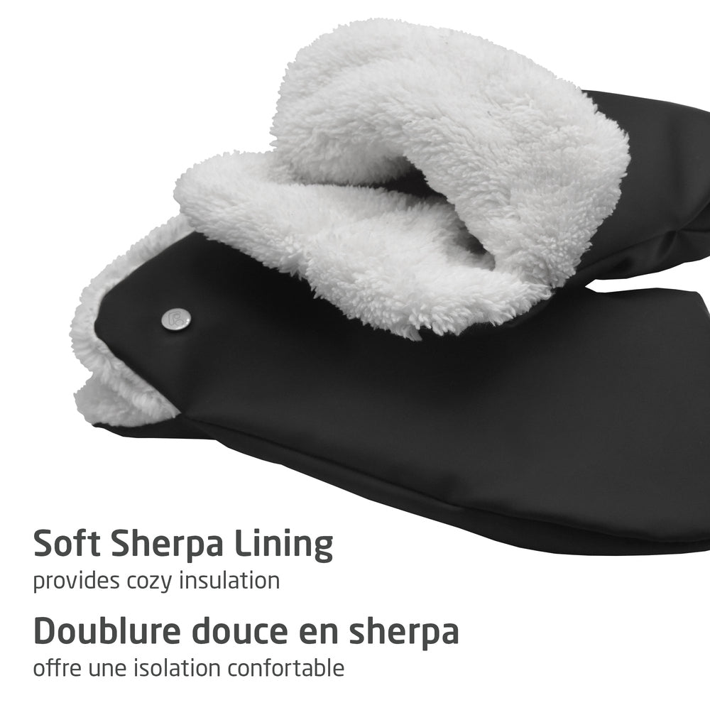 MAXI COSI Stroller Gloves in black with soft sherpa lining, folded open to reveal cozy insulation.