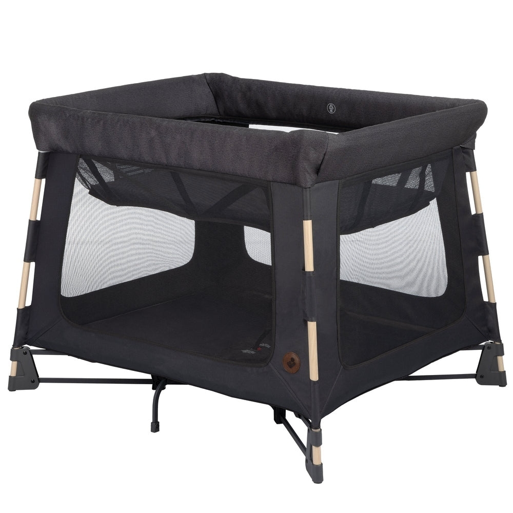 MAXI COSI Swift Playard dark gray with mesh sides and wood-like support poles