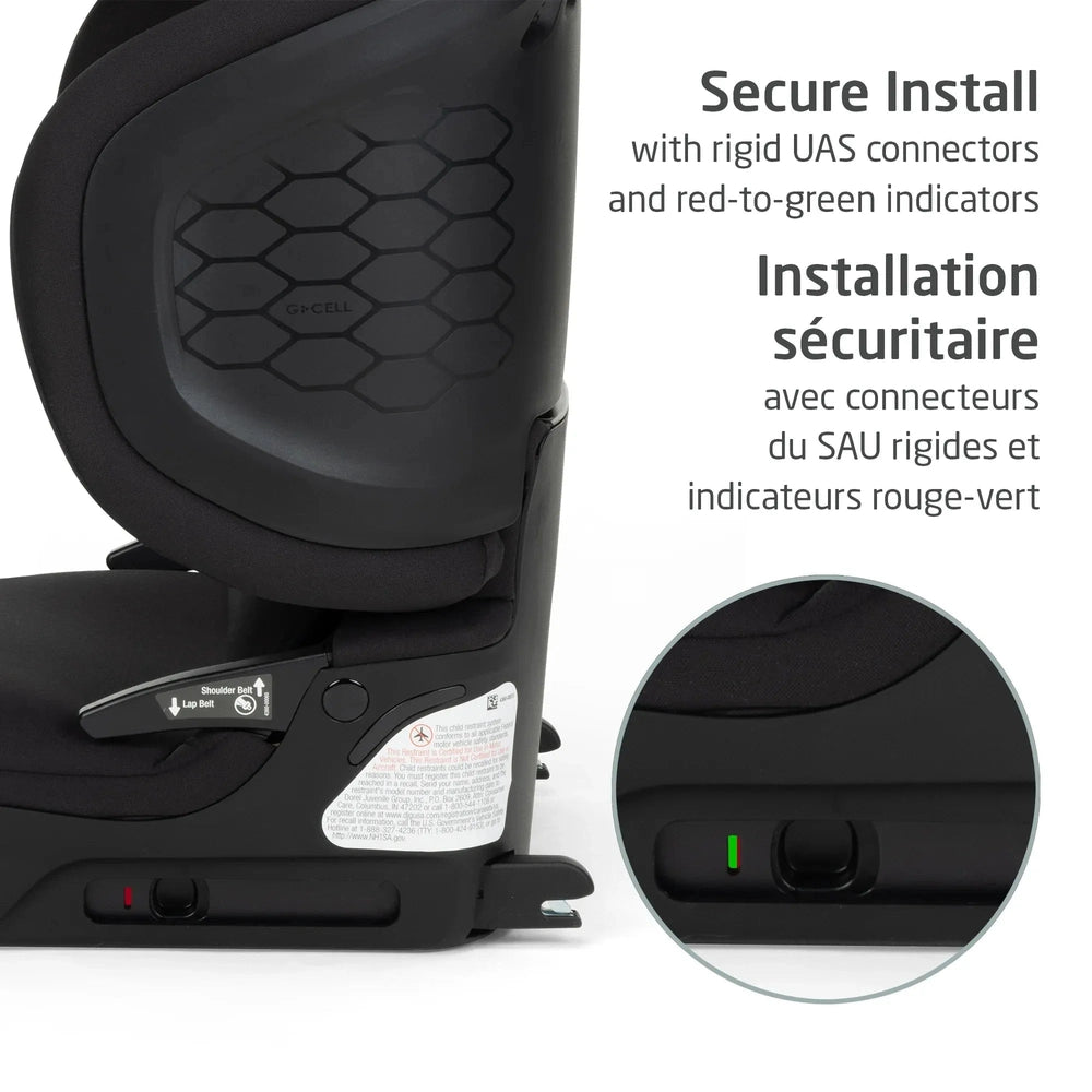 Maxi-Cosi Tanza Belt-Positioning Booster Car Seat in dark gray, showing green install indicator proving secure fit.