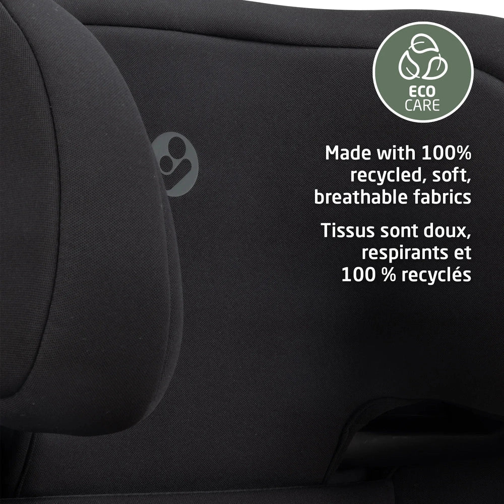 MAXI COSI Tanza Belt-Positioning Booster Car Seat in black fabric, made with 100% recycled, breathable materials.