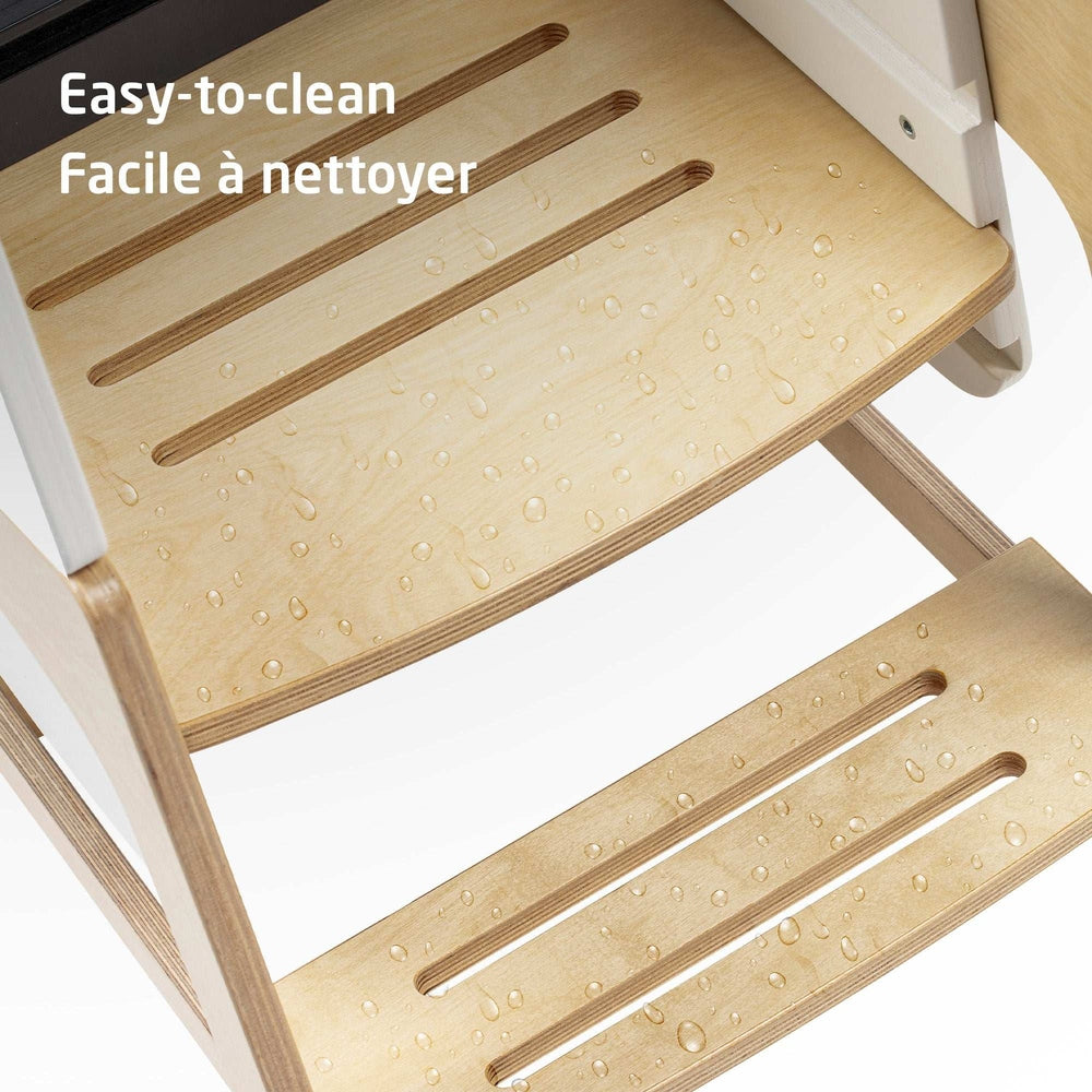 Maxi Cosi Toucan 3-in-1 Learning Tower in light wood finish; toddler high chair/step stool