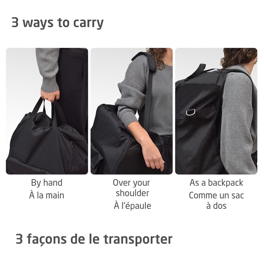MAXI COSI Ultra Compact Travel Bag shown in three carry styles: by hand, over the shoulder, or as a backpack.