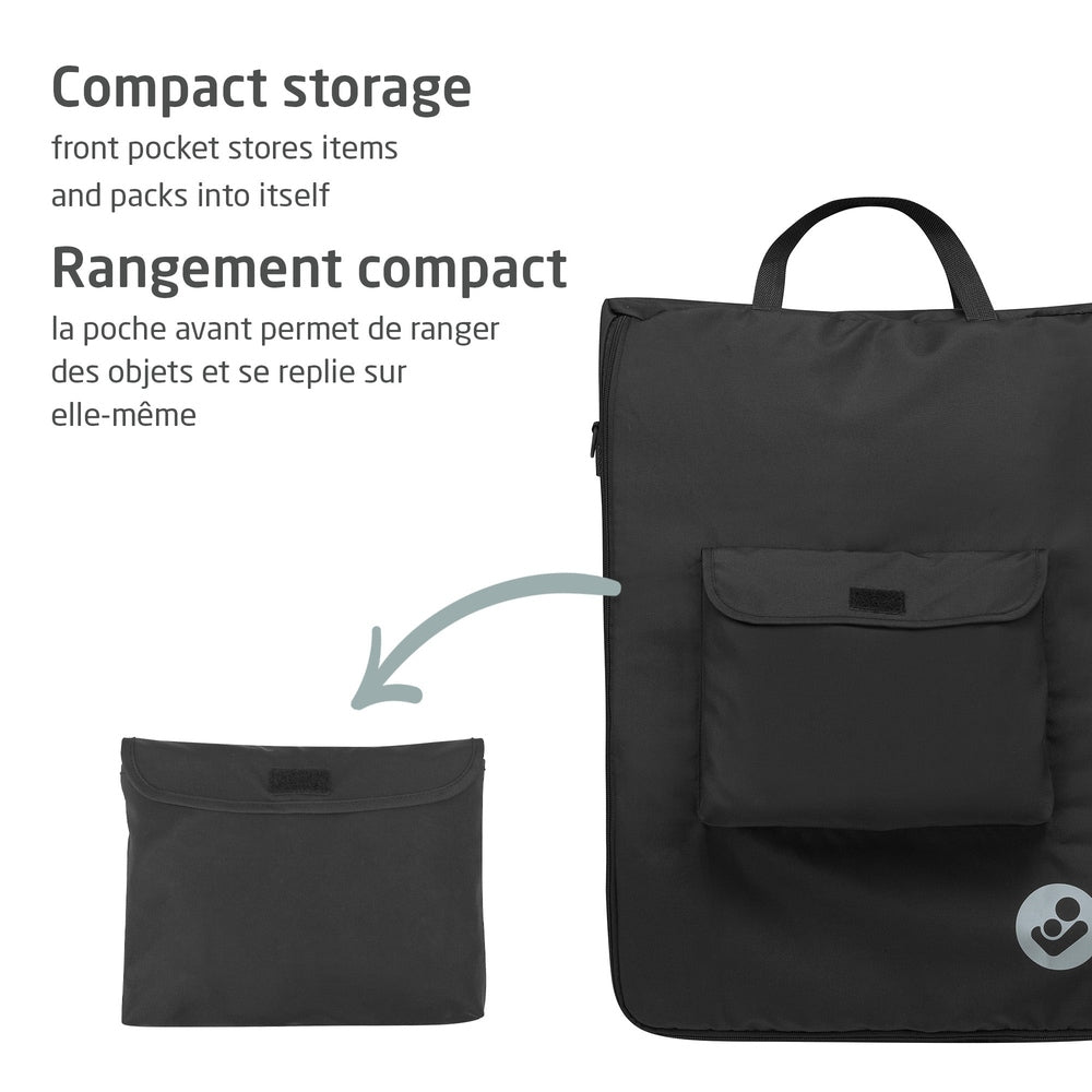 Maxi Cosi Ultra Compact Travel Bag in black, shown folding into its small pouch for compact storage.