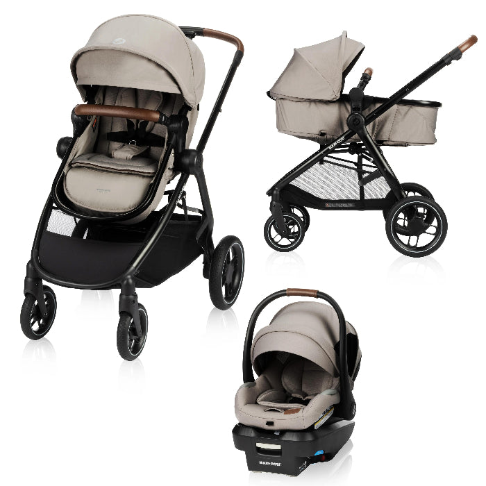 Maxi-Cosi Zelia Luxe 5-In-1 Modular Travel System in beige, stroller with bassinet attached and car seat base.