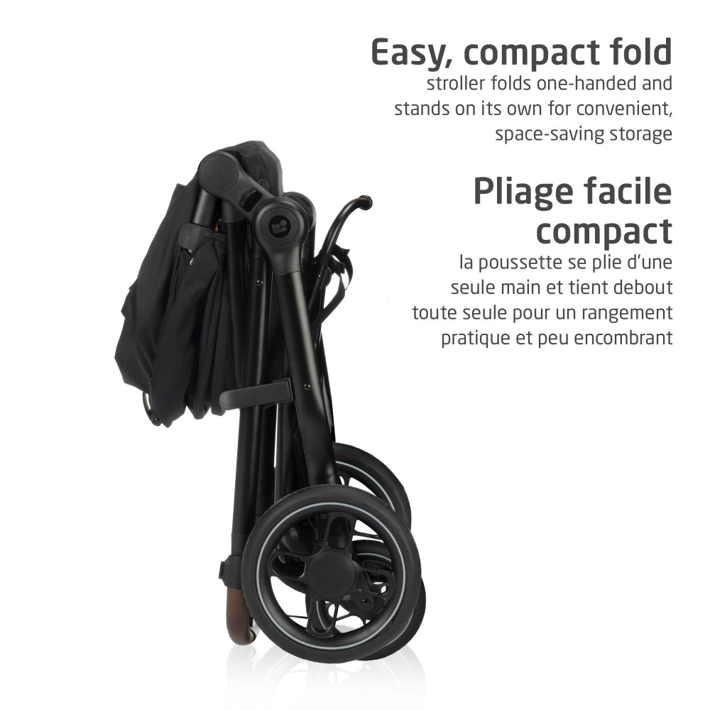 Maxi-Cosi Zelia Luxe 5-in-1 modular travel system folded stroller in black, compact one-handed fold.