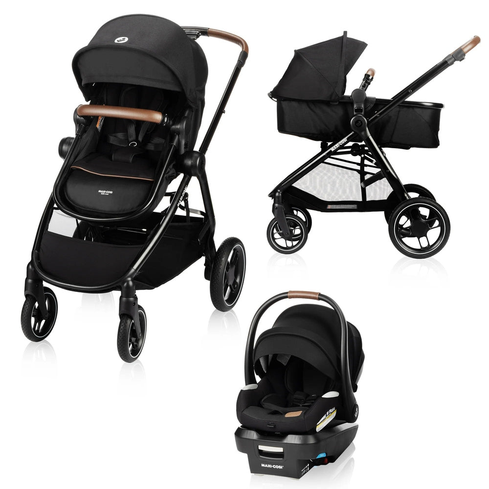MAXI COSI Zelia Luxe 5-In-1 modular travel system: black stroller with bassinet and infant car seat, shown in three configurations.