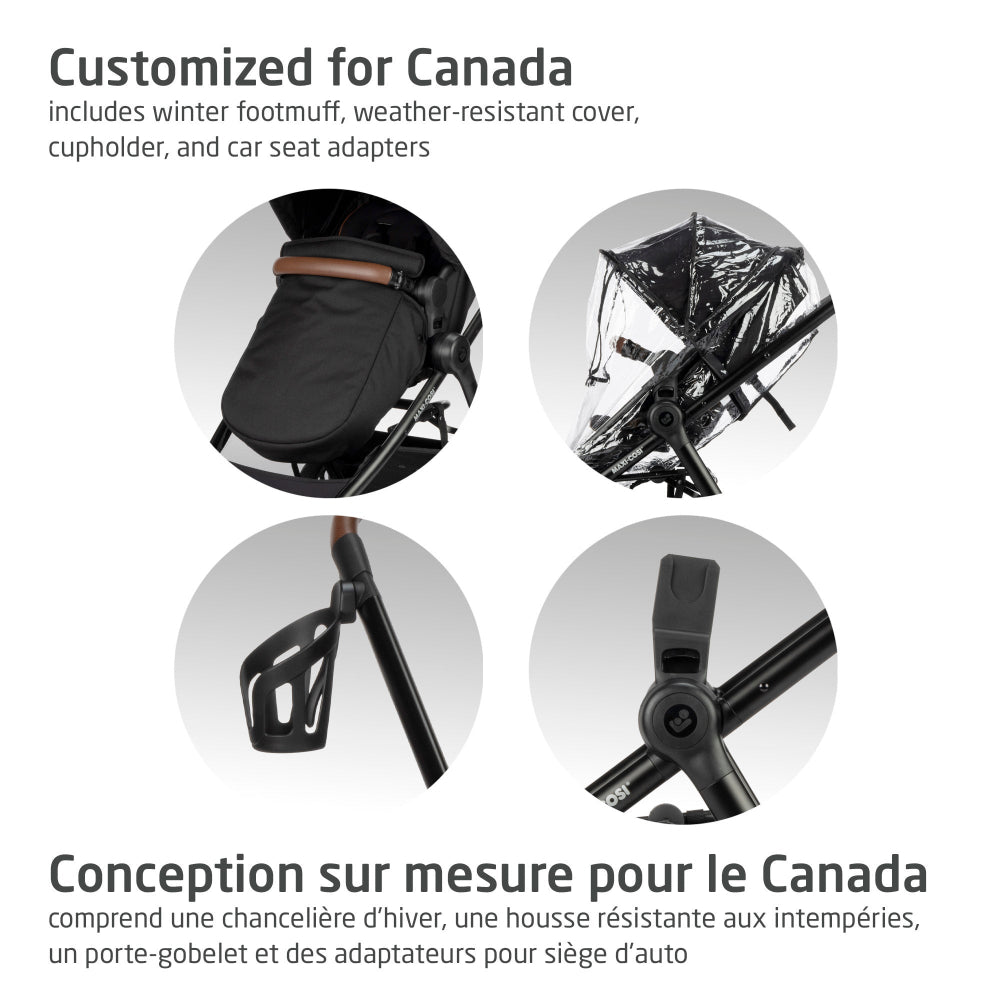 Maxi-Cosi Zelia Luxe 5-In-1 Modular Travel System in black, shown with footmuff, weather cover, cup holder, and adapters.