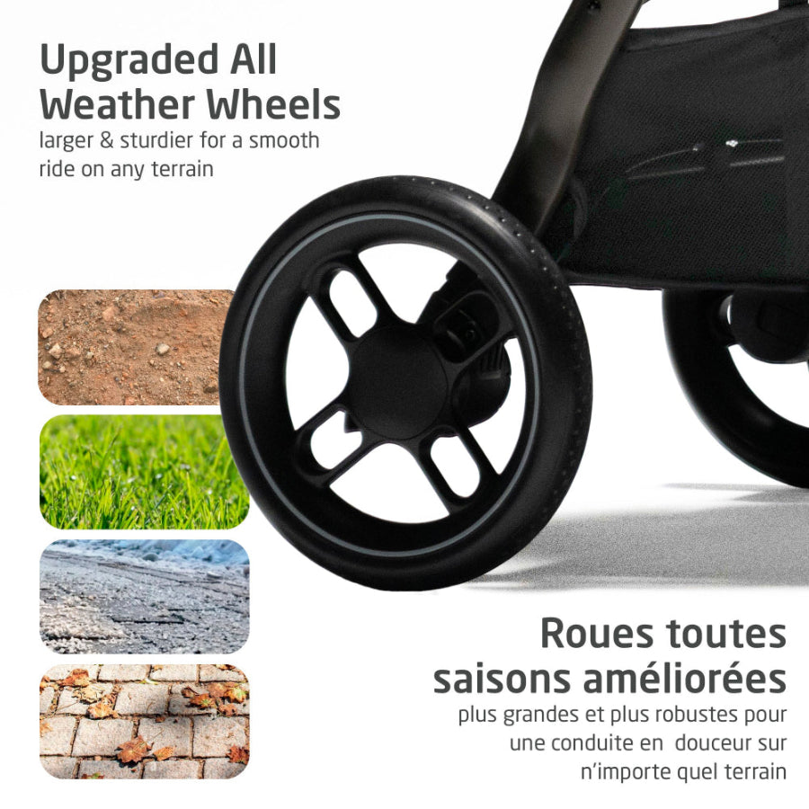 Maxi Cosi Zelia Luxe 5-In-1 Modular Travel System with all-weather wheels rolling smoothly over dirt, grass, and pavement.