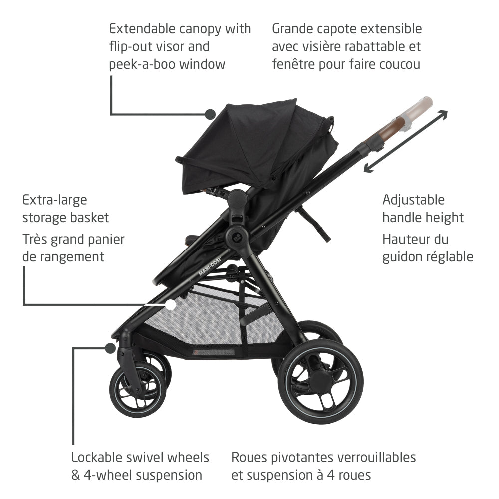 Maxi-Cosi Zelia Luxe 5-In-1 travel system stroller with extendable canopy, large storage basket, adjustable handle, and lockable swivel wheels.