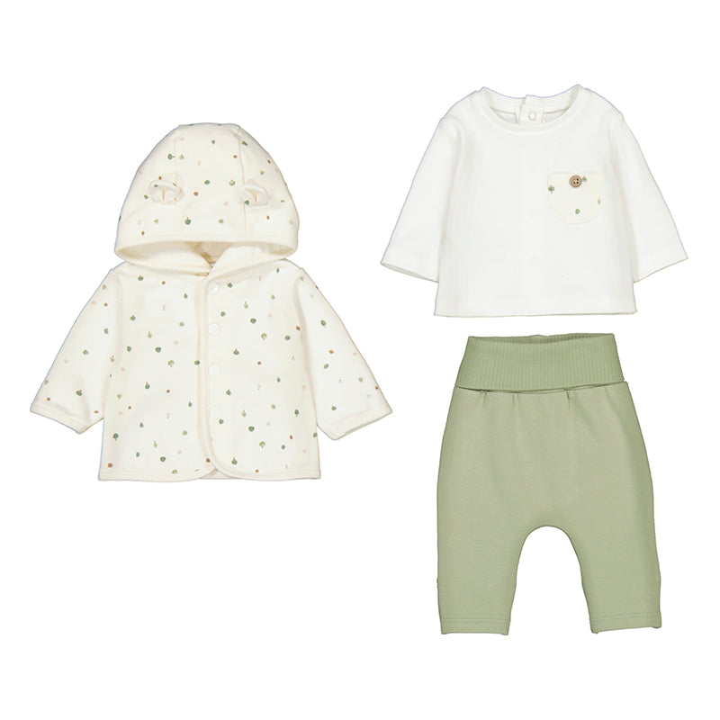 MAYORAL 3-Piece Tracksuit Sage: cream dotted hoodie, white top with pocket, sage pants