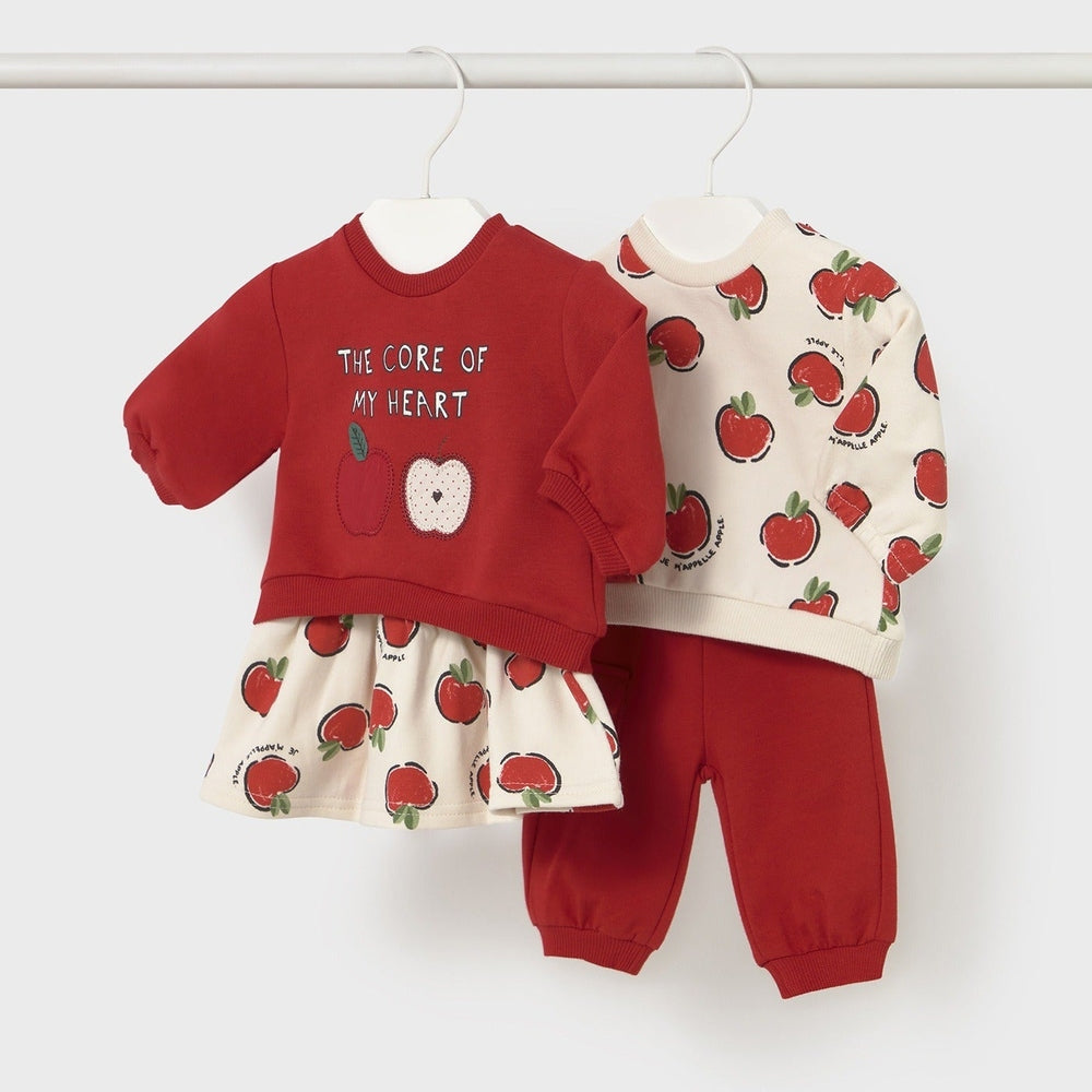 Mayoral 4-piece cherry knit baby outfit set: red sweater, cream cherry-print cardigan, cherry-printed skirt, and red pants