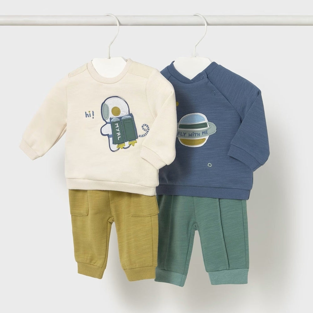 Mayoral 4-piece knit set Space for baby: cream and blue tops with mustard and teal pants