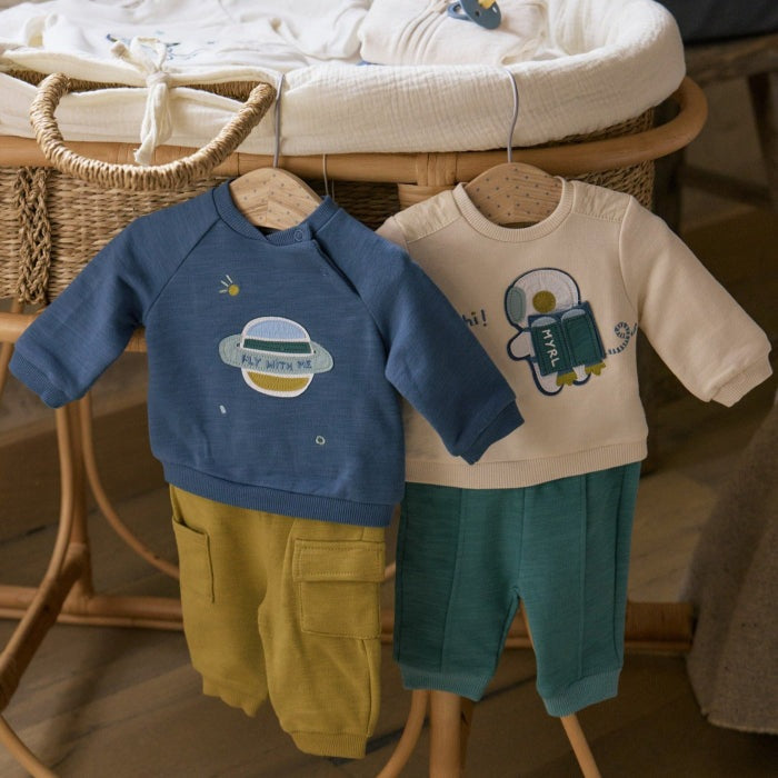 Mayoral 4-piece space knit set for baby; blue planet top with mustard pants, cream astronaut top with teal pants