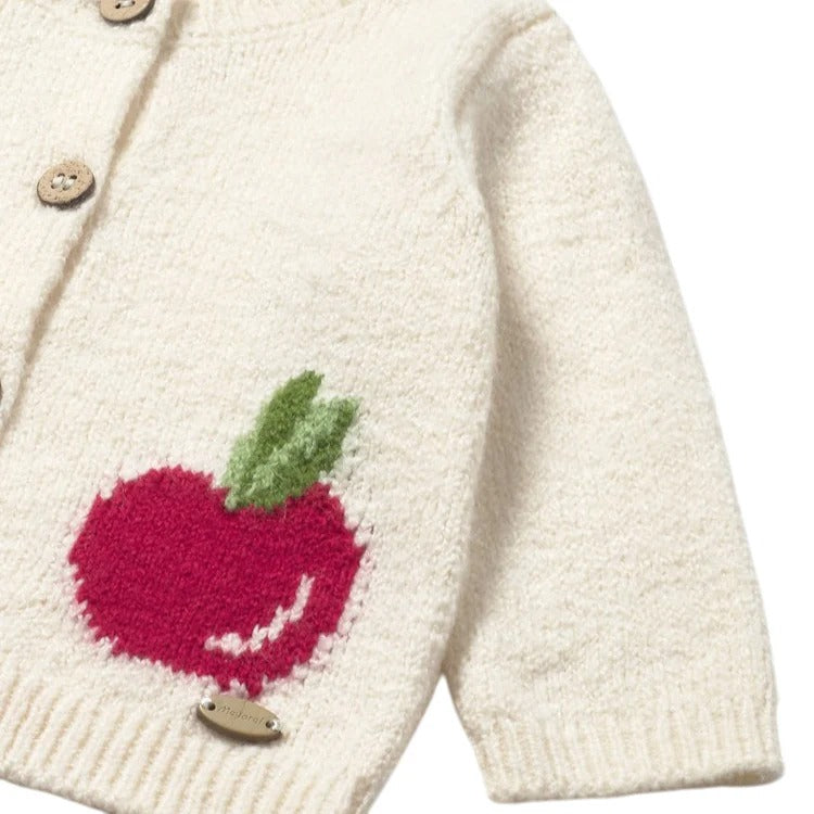 MAYORAL baby apple knit cardigan in cream with wooden buttons and red apple embroidery