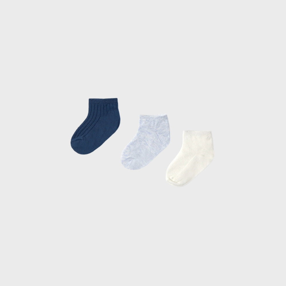 Mayoral Baby 3-Pack Socks Light Blue, navy, cream; soft knit socks laid flat to keep baby's feet warm.