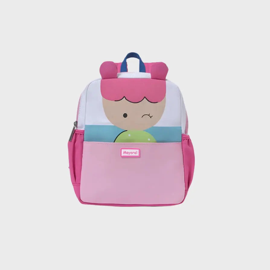 Mayoral Baby Backpack in pink with a winking cartoon face on the front panel and blue top handle.