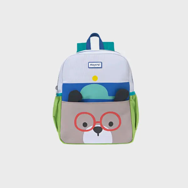 Mayoral Baby Backpack with beige bear-face pocket sporting red glasses and blue/green panels.