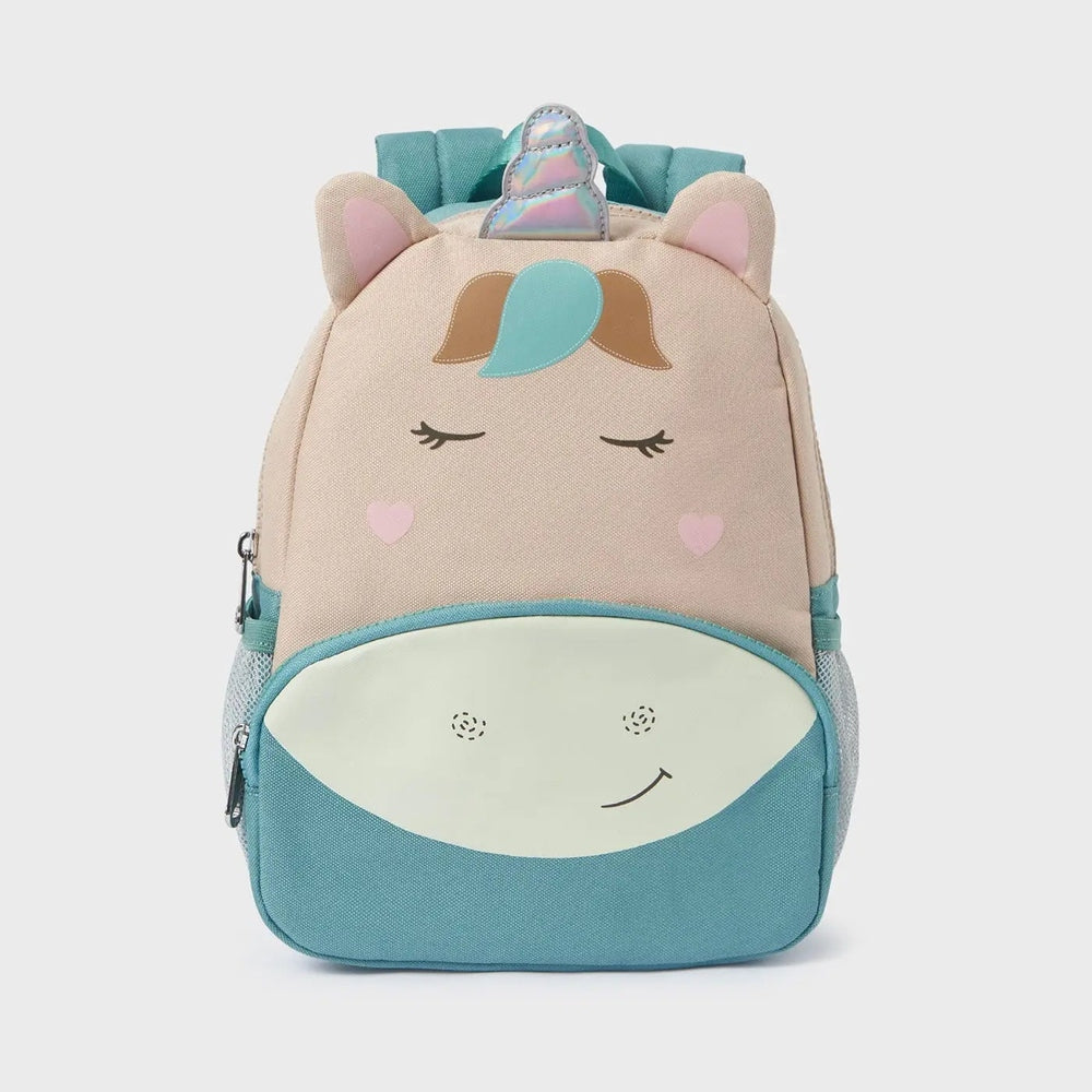 Mayoral Baby Backpack with unicorn design in beige and teal; ears, horn, and closed-eye face shown.