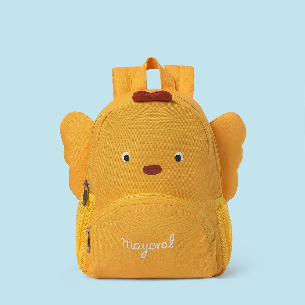 Mayoral Baby Backpack in bright yellow with a cute face, ear-shaped sides, and visible front zipper pocket.